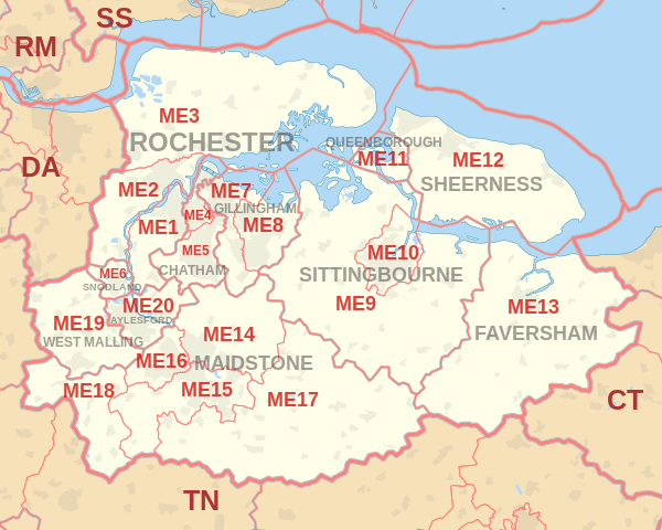 Kaart met postcodegebieden in ME, met postcodegebieden in rood en poststeden in grijze tekst, met links naar de nabijgelegen postcodegebieden CT, DA, RM, SS en TN.  