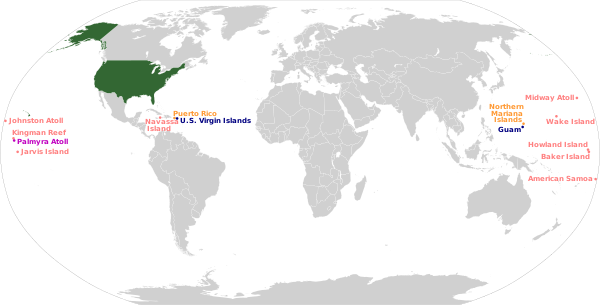 Locaties van de insulaire gebieden (blauw) van de Verenigde Staten (roze).