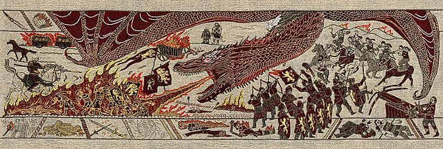 Daenerys Targaryen's victory over a Lannister army at the Battle of the Gold Road. Depicted on the official Game of Thrones tapestry (modeled on the Bayeux Tapestry; on display at the Ulster Museum in Belfast, Northern Ireland).