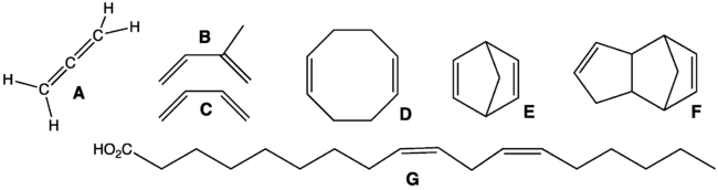 一些二烯。A：1，2-丙二烯，又称烯，是最简单的累加二烯。B：异戊二烯，又称2-甲基-1，3-丁二烯，是天然橡胶的前体。C：1，3-丁二烯，是合成聚合物的前体。D：1,5-环辛二烯，是一种未结合的二烯（注意每个双键之间相差两个碳原子）。E：Norbornadiene，一种紧张的双环和未结合的二烯。F：双环戊二烯。G：亚油酸，是人类饮食中必需的脂肪酸。