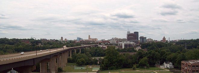 View of downtown Akron from the north; Little Cuyahoga River valley in the foreground.