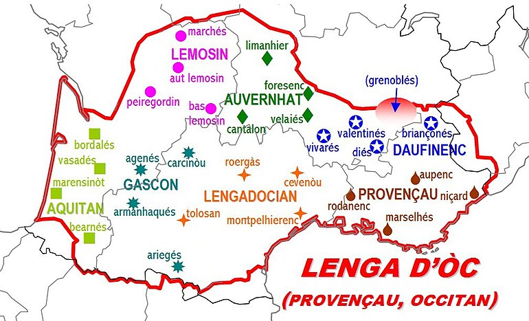 The dialects of Occitan according to Frédéric Mistral
