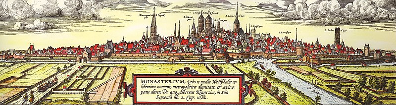 View of Münster from south-west, a work by Remigius Hogenberg from 1570 based on an older drawing by Hermann tom Ring. On the left the Überwasserkirche still with the original spire, in the middle the St. Paul's Cathedral, on the right of it the Lambertikirche and on the far right the Ludgerikirche. In the foreground, in front of the cathedral, the Neuwerk as part of the city fortifications at the entrance of the Aa into the city.