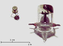 Acorn tube 955 from RCA, with transistor for size comparison