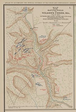 Kaart van de slag om Wilson's Creek, 10 augustus 1861.  