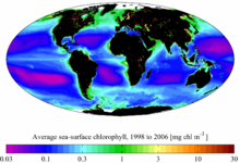 A clorofila média de superfície marinha derivada do SeaWiFS para o período de 1998 a 2006.