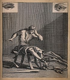 Ett linjestick som visar en man med en hand över ögonen i ångest.  