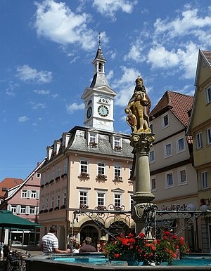 Historic town hall with market fountain