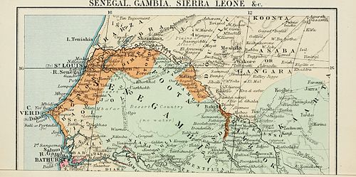 Een kaart van Afrika uit 1881 waarop Senegambia staat aangegeven