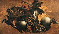 Dit is mogelijk een kopie van Leonardo's werk The Battle of Anghiari dat geschilderd is, maar nog niet af is...