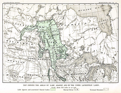 Um mapa inicial da extensão do Lago Agassiz no centro da América do Norte, pelo geólogo Warren Upham do século XIX. As regiões cobertas pelo lago eram significativamente maiores do que as mostradas aqui.