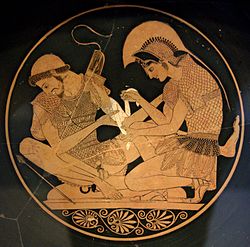 Achilles (rechts) bindt de wonden van Patroklos