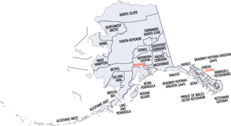 Карта на районите и областите на преброяване в Аляска