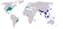 Области, в които живеят комари A. albopictus, към декември 2007 г.