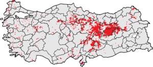 Türkiye'de Alevi nüfusunun dağılımı. Kırmızı = Anadolu Alevileri (Türkler, Kürtler ve Zazalar). Koyu kırmızı = Türkiye'nin güneyindeki Aleviler (Araplar).