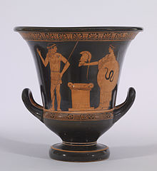 Obviamente um trabalho artístico, assim como prático: vaso grego de algarismos vermelhos em forma de krater, entre 470 e 460 a.C., do pintor Altamura