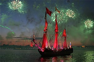 Fireworks during the graduation festival Scarlet Sails on June 20. It is considered the main event and highlight of the White Nights. With the support of the state, the city and television, the festival has become a major event on the scale of the Love Parade.