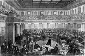 Vyobrazení procesu s prezidentem Andrewem Johnsonem v roce 1868, kterému předsedá předseda Nejvyššího soudu Salmon P. Chase.