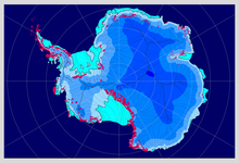 Extent and structure of the Antarctic ice sheet- shades of blue show ice thickness in 1000 m increments- thick lines: ice shelves- thin lines: flow lines of the ice- turquoise: ice shelf- red: land not covered by ice