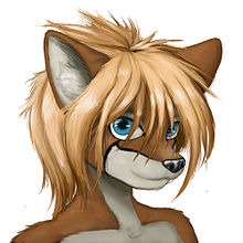 Un dibujo de un personaje peludo, un zorro con pelo y ojos humanos.  