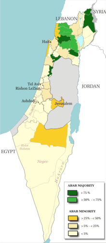 Map of Israel (and East Jerusalem and the Golan Heights) with proportions of the Arab population, 2000