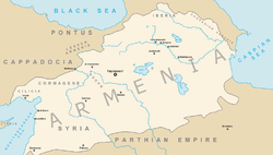 Най-големият размах на Арменското кралство по времето на Тигран Велики.  