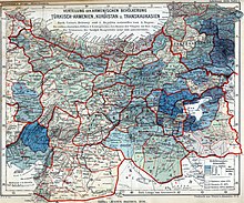 Hartă care prezintă populația armeană (în culori) și creștină (în nuanțe) din provinciile otomane de est în anul 1896. În zonele în care ponderea populației creștine era mai mare decât cea a armenilor, populația creștină non-armeană era formată în mare parte din asirieni (cu excepția regiunilor locuite de grecii otomani). Asirienii trăiau mai ales în părțile sudice și sud-estice ale regiunii  