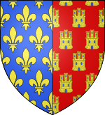 Armoiries : D'azur pâle semé-de-lis ou (France antique) de gueules dimidiant semé de châteaux ou (Castille).