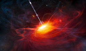 A representação artística do ULAS J1120+0641, um quasar muito distante alimentado por um buraco negro com uma massa duas bilhões de vezes maior do que a do Sol. Crédito: ESO/M. Kornmesser