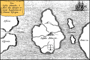 A painted map of Atlantis from Athanasius Kircher's Mundus Subterraneus of 1665