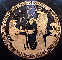 Atena îi toarnă o băutură lui Heracles, care poartă pielea leului Nemean.  