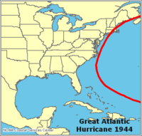 Vuoden 1944 suuren Atlantin hirmumyrskyn kulkureitti  