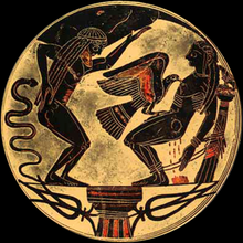 Ceramică cu figuri negre (550 î.Hr.) înfățișându-l pe Prometeu ispășindu-și pedeapsa, legat de o coloană.  