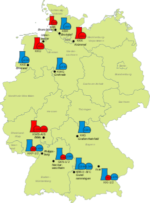 Siete de los diecisiete reactores en funcionamiento en Alemania han sido cerrados temporalmente desde el 14 de marzo de 2011 debido a los accidentes nucleares de Fukushima I de 2011.  