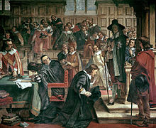 Obraz krále Karla, který přijíždí do parlamentu, aby zatkl "pět členů". Král Karel je vpravo od klečícího muže.