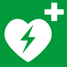 Standartinis simbolis, kuriuo nurodoma automatinio išorinio defibriliatoriaus vieta.