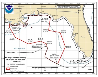 Maximale oppervlakte van de federale wateren gesloten voor de visserij na de olieramp met de Deepwater Horizon, 2010