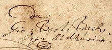 Bach's own handwritten name on the flyleaf of the cantata Gott ist mein König, 1708. He writes himself in Italian as Gio. Bast. Bach (= Giovanni Bastiano Bach)