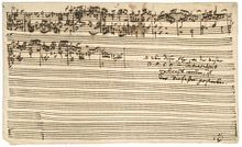 Autograph of the end of the unfinished last fugue from the Art of Fugue with Carl Philipp Emanuel Bach's addition: "NB above this fugue, where the name BACH has been placed in the contrast subject, the author has died.