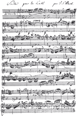 Notație muzicală scrisă de mână de J. S. Bach: începutul Preludiului din Suita pentru lăută în sol minor BWV 995  