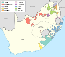 Una mappa dei Bantustan in Sudafrica alla fine dell'apartheid.