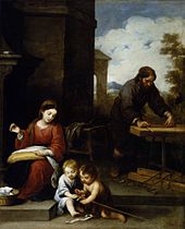 Bartolomé Esteban Murillo, The Holy Family with the Infant John (between 1655 and 1660): in the background Joseph as a craftsman