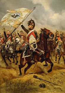 Francouzští dragouni s ukořistěnou pruskou vlajkou v bitvě u Jeny  