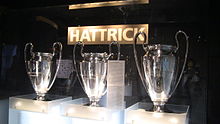 The three European Champion Clubs' Cup trophies won consecutively between 1974 and 1976 (on the right, an original that the club is allowed to keep permanently, on the left, two smaller replicas).
