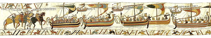 El tapiz de Bayeux muestra la flota de invasión normanda, con la Mora al frente, marcada por el estandarte papal en la cabecera.  