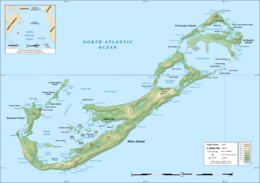 Kaart van Bermuda, waarop veel van de eilanden te zien zijn (klik met de rechtermuisknop om de kaart te vergroten).