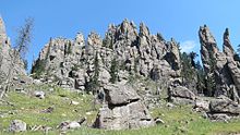 The granite cliffs south of Black Elk Peak, called the Needles, are a popular destination for rock climbers.