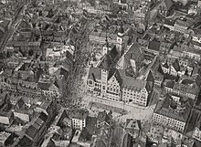 The centre of the city of Chemnitz with market place and double town hall from the airship Parseval PL 5 on October 2, 1910