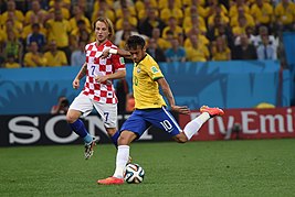 Neymar tegen Kroatië op het WK 2014. Hij scoorde twee doelpunten in de wedstrijd  