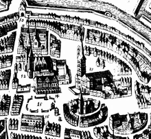 Bremen: The medieval square system with market (15), Domshof (2), Domsheide (right o. no.) and Unser Lieben Frauen Kirchhof (12) (Matthäus Merian, 1653).